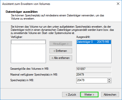 Screenshot: Der zweite Schritt im Dialogfenster Erweitern von Volumes wird angezeigt. In diesem Schritt ist die Schaltfläche Weiter hervorgehoben.