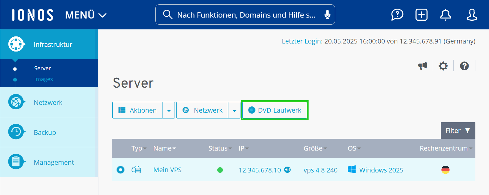 Screenshot: Im Cloud Panel wird der Bereich Infrastruktur > Server angezeigt. In diesem Bereich ist die Schaltfläche DVD-Laufwerk hervorgehoben.