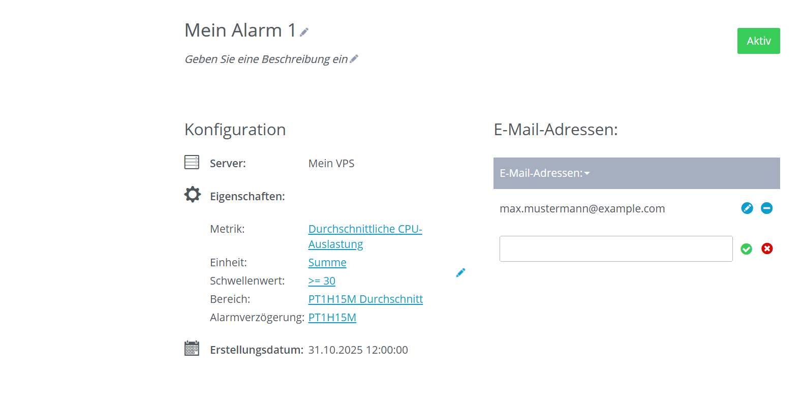 Screenshot: Der Bereich Sicherheit > Alarme wird im Cloud Panel angezeigt. In diesem Bereich sind die Detailinformationen zu einem Alarm aufgeführt.