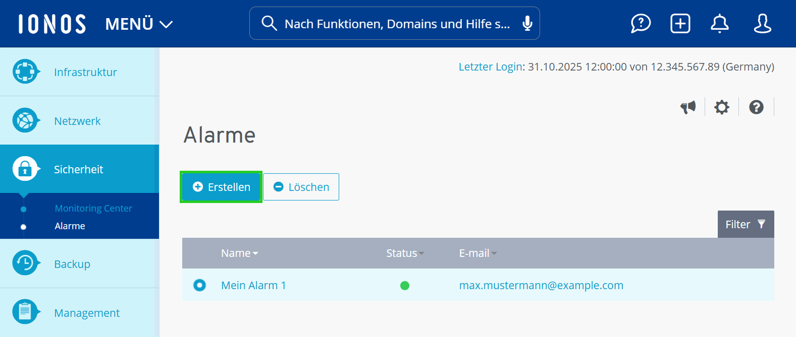 Screenshot: Der Bereich Sicherheit > Alarme wird im Cloud Panel angezeigt. In diesem Bereich ist die Schaltfläche Erstellen hervorgehoben.