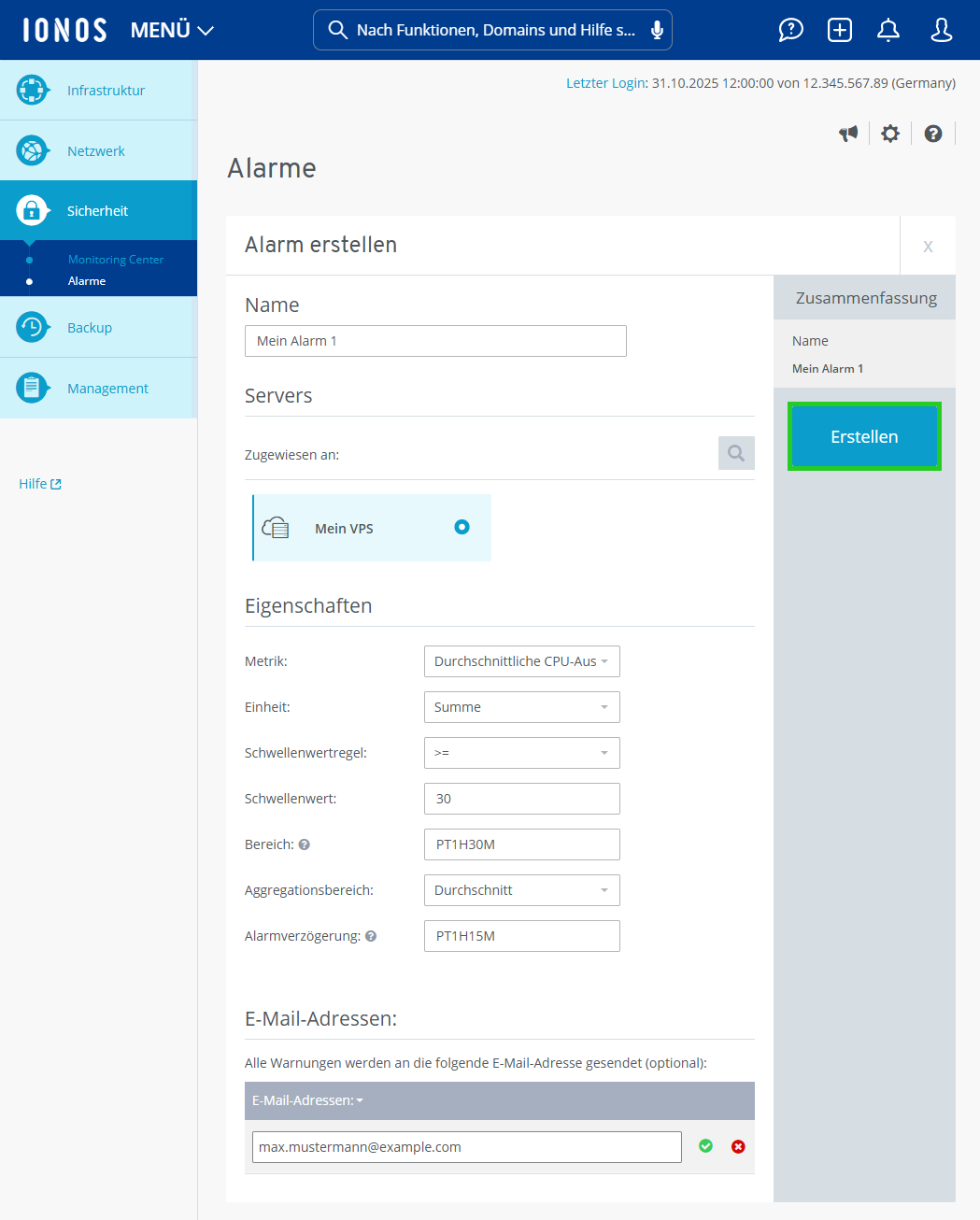 Screenshot: Der Bereich Alarme erstellen wird im Cloud Panel angezeigt. In diesem Bereich ist die Schaltfläche Erstellen hervorgehoben.