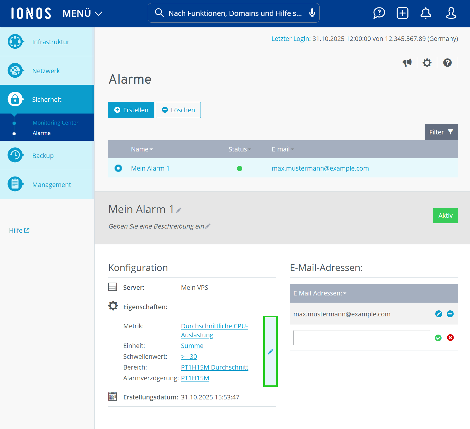 Screenshot: Der Bereich Sicherheit > Alarme wird im Cloud Panel angezeigt. In den Detailinformationen zu einem Alarm ist im Abschnitt Eigenschaften das Stiftsymbol hervorgehoben.