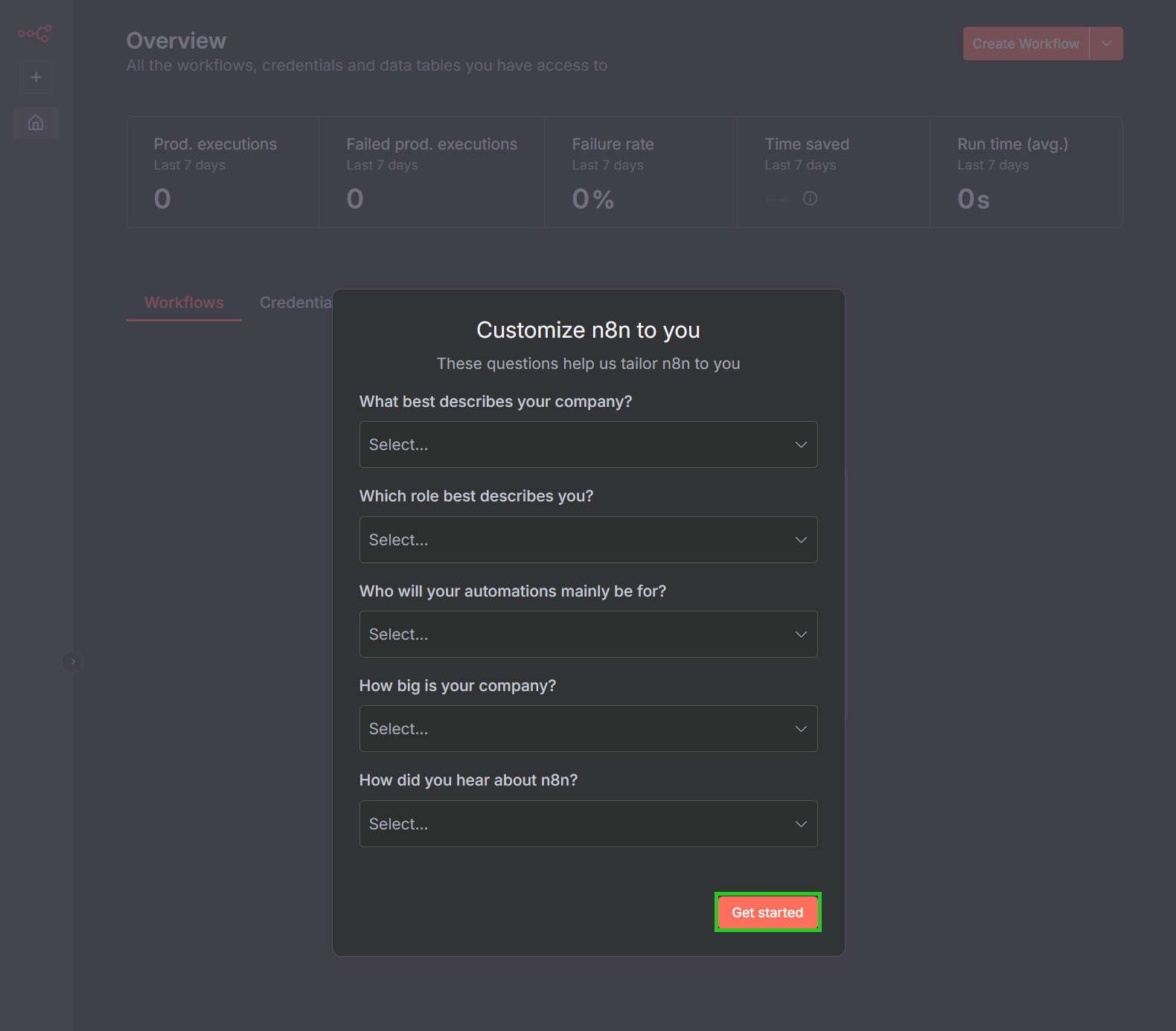 Screenshot: Das Fenster Customize n8n to you wird angezeigt. In diesem Fenster ist die Schaltfläche Get started hervorgehoben.