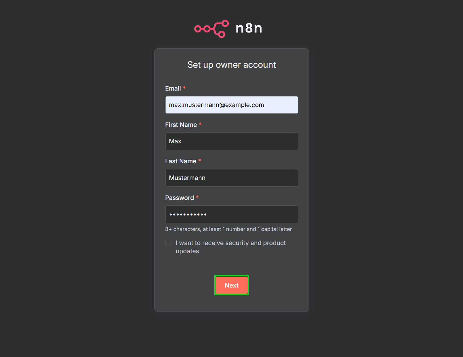 Screenshot: Das Fenster Setup owner account wird angezeigt. In diesem Fenster ist die Schaltfläche Next hervorgehoben.