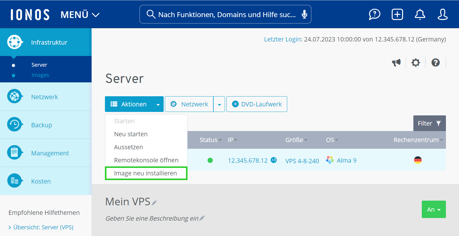Screenshot: Der Bereich Infrastruktur > Server wird im Cloud Panel angezeigt. In diesem Bereich ist im Menü Aktionen der Menüpunkt Image neu installieren hervorgehoben.