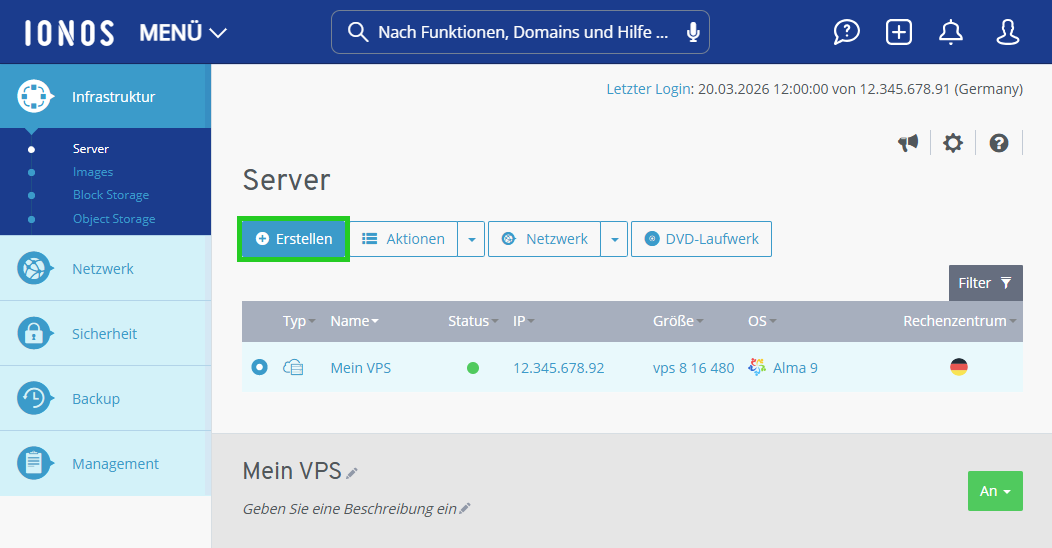 Screenshot: Der Bereich Infrastruktur > Server wird im Cloud Panel angezeigt. In diesem Bereich ist die Schaltfläche Erstellen hervorgehoben.