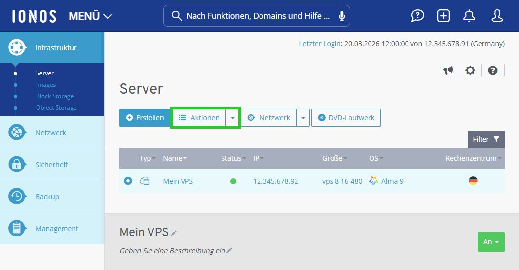 Screenshot:  Der Bereich Infrastruktur > Server wird im Cloud Panel angezeigt. In diesem Bereich ist die Schaltfläche Aktionen hervorgehoben.