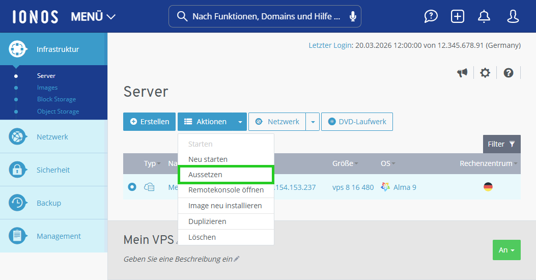 Screenshot: Der Bereich Infrastruktur > Server wird im Cloud Panel angezeigt. In diesem Bereich ist Option Aussetzen im Dropdown-Menü unter der Schaltfläche Aktionen hervorgehoben.
