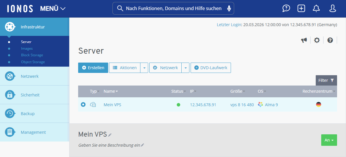 Screenshot: Im Cloud Panel wird der Bereich Infrastruktur > Server angezeigt.