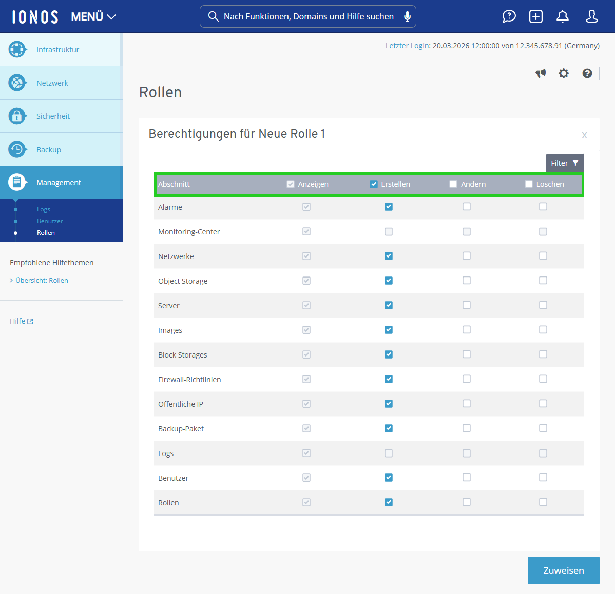 Screenshot: Der Bereich Management > Rollen wird im Cloud Panel angezeigt. In diesem Bereich ist der Abschnitt Berechtigungen für die folgenden Funktionen aktivieren hervorgehoben.