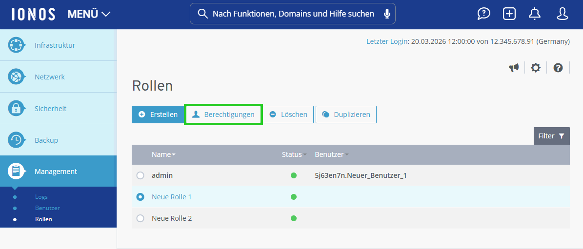 Screenshot: Der Bereich Management > Rollen wird im Cloud Panel angezeigt. In diesem Bereich ist die Schaltfläche Berechtigungen hervorgehoben.