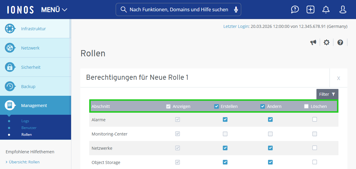 Screenshot: Der Bereich Berechtigungen für [NAME_DER_ROLLE] wird im Cloud Panel angezeigt. In diesem Bereich ist in der Tabelle mit den Berechtigungen die Zeile mit den Überschriften Abschnitt, Anzeigen, Erstellen, Ändern und Löschen hervorgehoben.