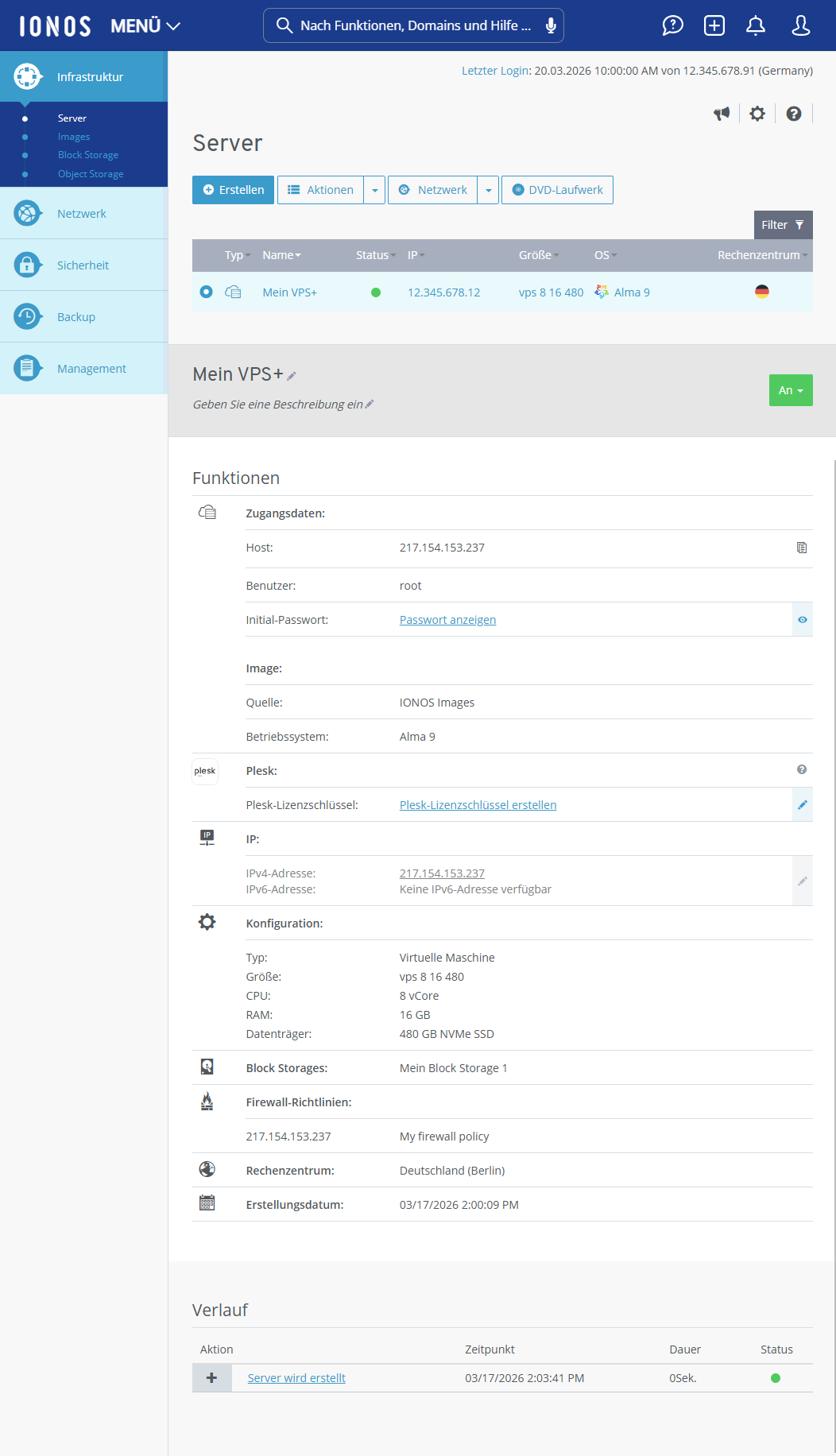 Screenshot: Der Bereich Infrastruktur > Server wird im Cloud Panel angezeigt. In diesem Bereich werden die Serverdetails angezeigt. Diese enthalten unter anderem Zugangs- und Konfigurationsinformationen sowie Firewall-Richtlinien.
