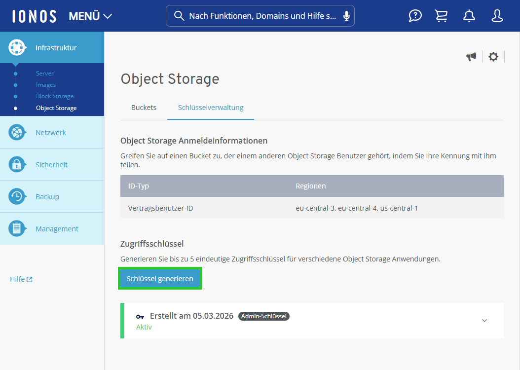 Screenshot: Der Reiter Schlüsselverwaltung wird im Bereich Infrastruktur > Object Storage im Cloud Panel angezeigt. In diesem Bereich ist die Schaltfläche Schlüssel generieren hervorgehoben. 