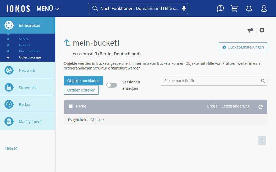 Screenshot: Der Bereich Infrastruktur > Object Storage wird angezeigt. In diesem Bereich wird die Detailseite des Buckets mit mit weiteren Optionen angezeigt.