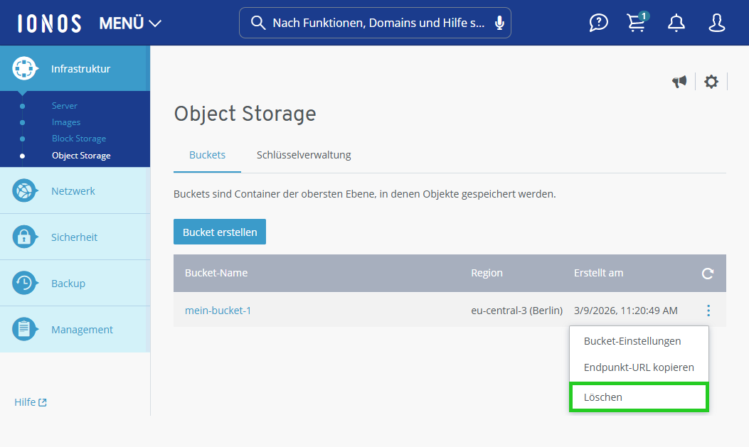 Screenshot: Der Reiter Buckets wird im Bereich Infrastruktur > Object Storage im Cloud Panel angezeigt. In diesem Bereich ist unter dem Drei-Punkte-Symbol in der Aktionsliste der Menüpunkt Löschen hervorgehoben.