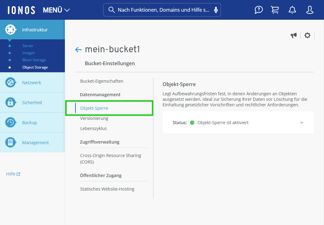 Screenshot: Die Bucket-Einstellungen werden im Bereich Infrastruktur > Object Storage im Cloud Panel angezeigt. In den Bucket-Einstellungen ist der Menüpunkt Objekt-Sperre  hervorgehoben. 