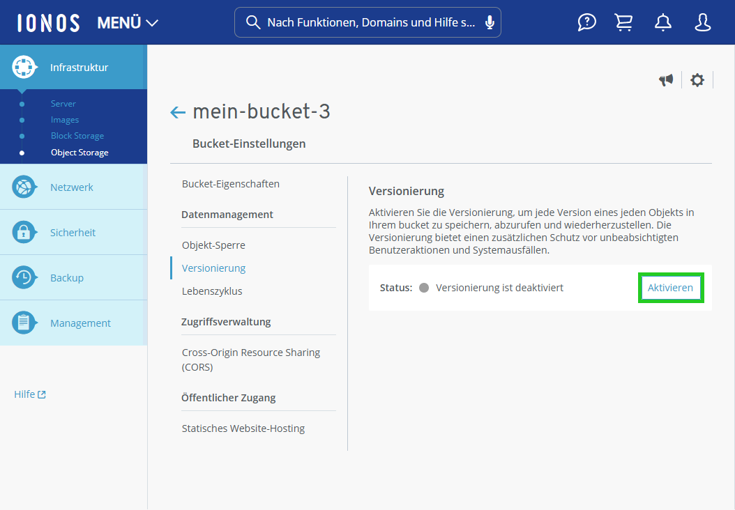 Screenshot: Im Bereich Infrastruktur > Object Storage im Cloud Panel ist in den Bucket-Einstellungen der Menüpunkt Versionierung ausgewählt. In den Einstellungen für die Versionierung ist Schaltfläche Speichern hervorgehoben. 