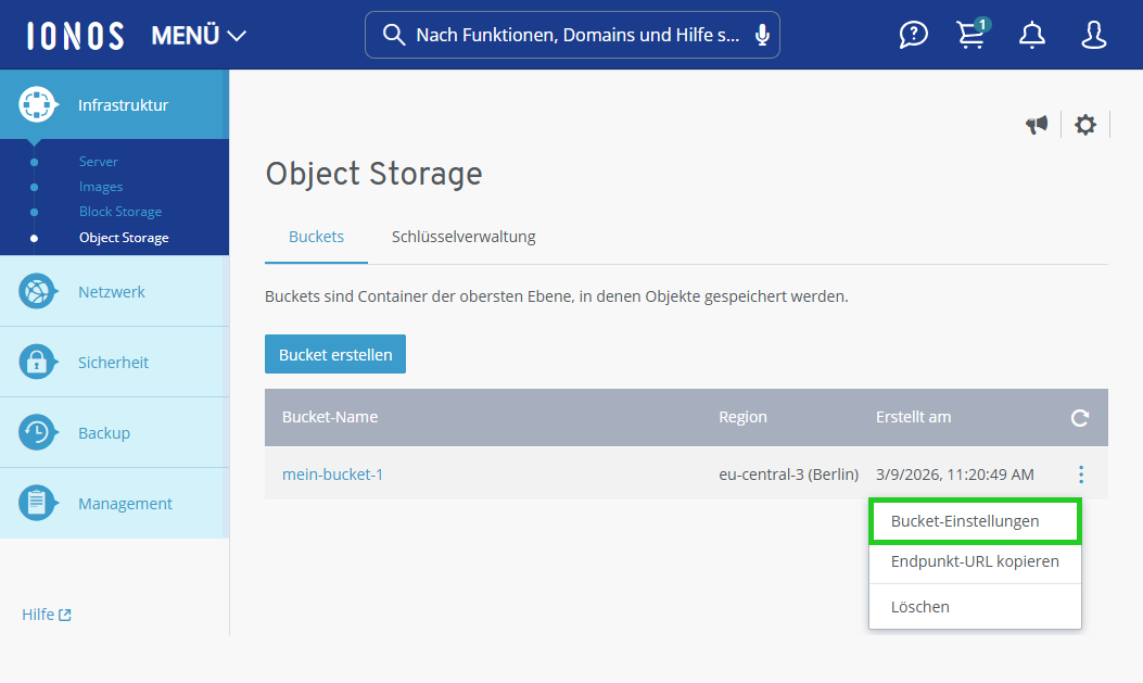 Screenshot: Der Reiter Buckets wird im Bereich Infrastruktur > Object Storage im Cloud Panel angezeigt. In diesem Bereich ist unter dem Drei-Punkte-Symbol in der Aktionsliste der Menüpunkt Bucket-Einstellungen hervorgehoben.
