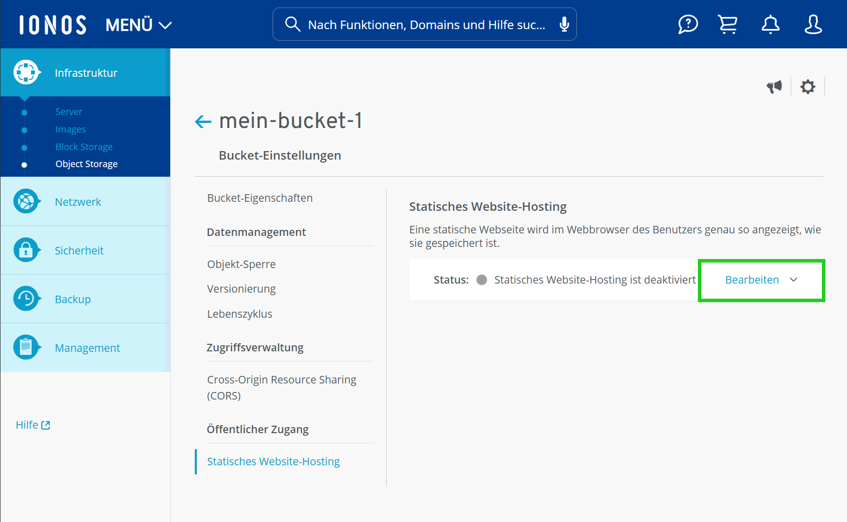 Screenshot: Im Bereich Infrastruktur > Object Storage im Cloud Panel ist in den Bucket-Einstellungen der Menüpunkt Statisches Website-Hosting ausgewählt. In den Einstellungen für das statische Website-Hosting ist Schaltfläche Bearbeiten hervorgehoben. 