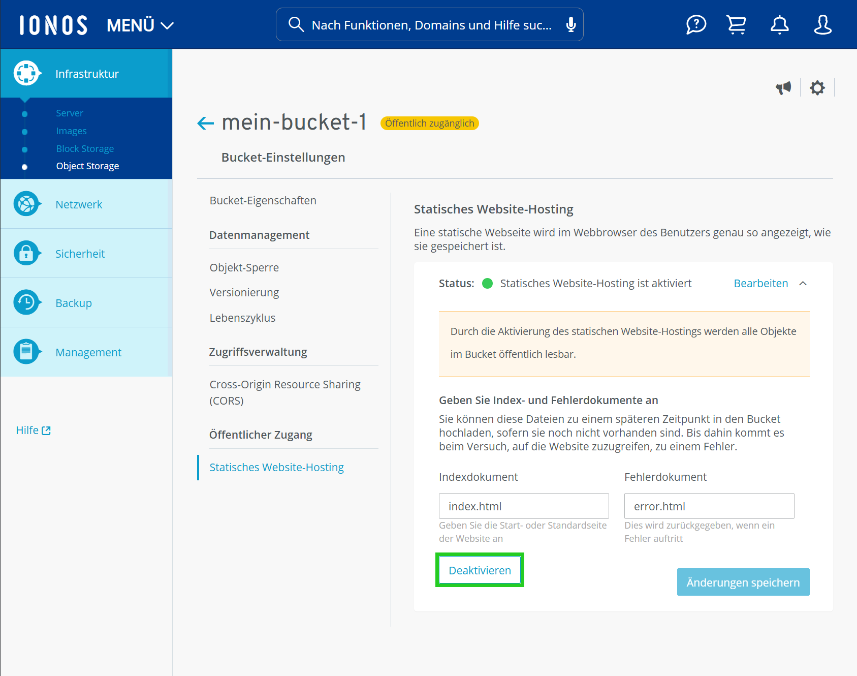 Screenshot: Im Bereich Infrastruktur > Object Storage im Cloud Panel ist in den Bucket-Einstellungen der Menüpunkt Statisches Website-Hosting ausgewählt. In den Einstellungen für das statische Website-Hosting ist Schaltfläche Deaktivieren hervorgehoben.