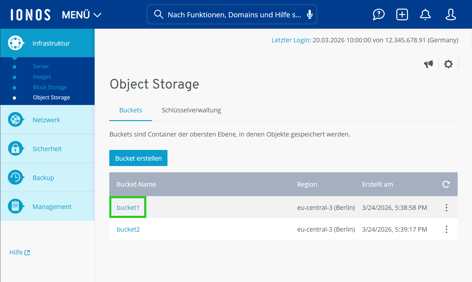 Screenshot: Im Bereich Infrastruktur > Object Storage im Cloud Panel ist im Reiter Buckets ein Bucket hervorgehoben. 