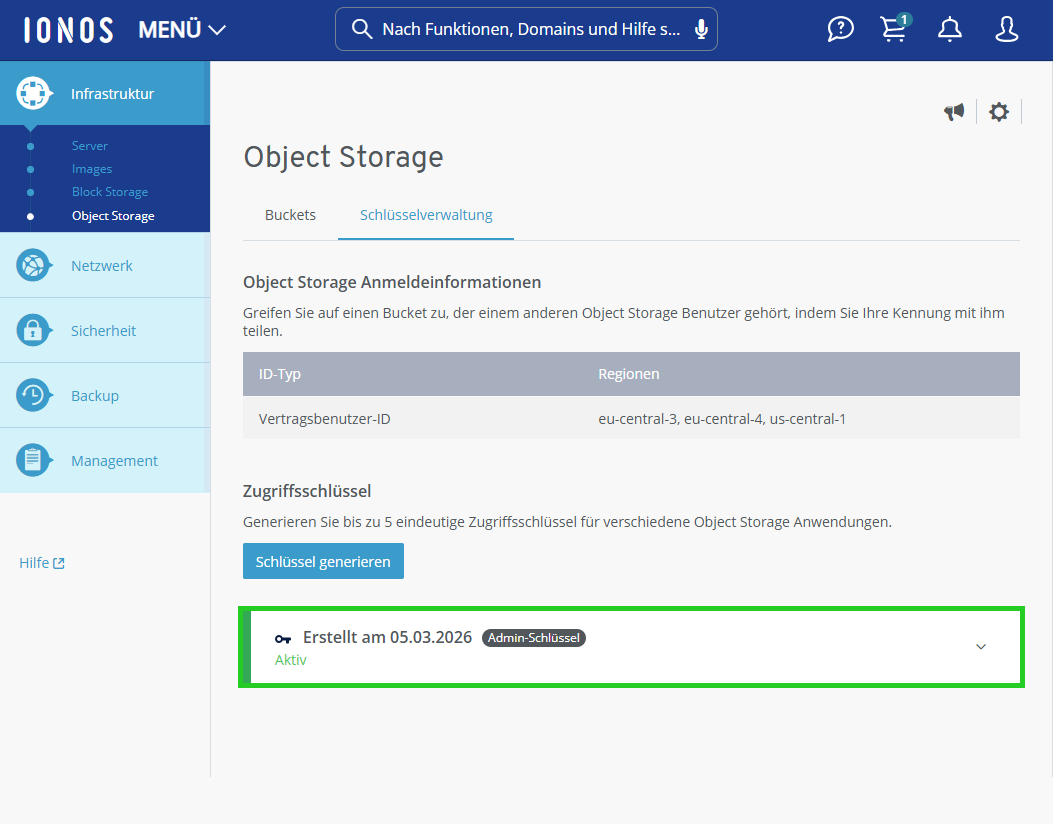 Screenshot: Der Reiter Schlüsselverwaltung wird im Bereich Infrastruktur > Object Storage im Cloud Panel angezeigt. In diesem Bereich ist ein Zugriffsschlüssel hervorgehoben.