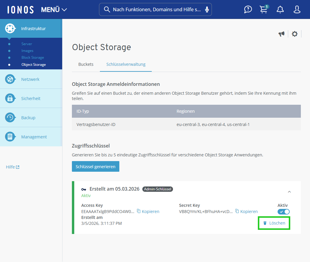Screenshot: Der Reiter Schlüsselverwaltung wird im Bereich Infrastruktur > Object Storage im Cloud Panel angezeigt. In diesem Bereich werden die Details eines Zugriffsschlüssels angezeigt. In diesen Details ist die Schaltfläche Löschen hervorgehoben. 