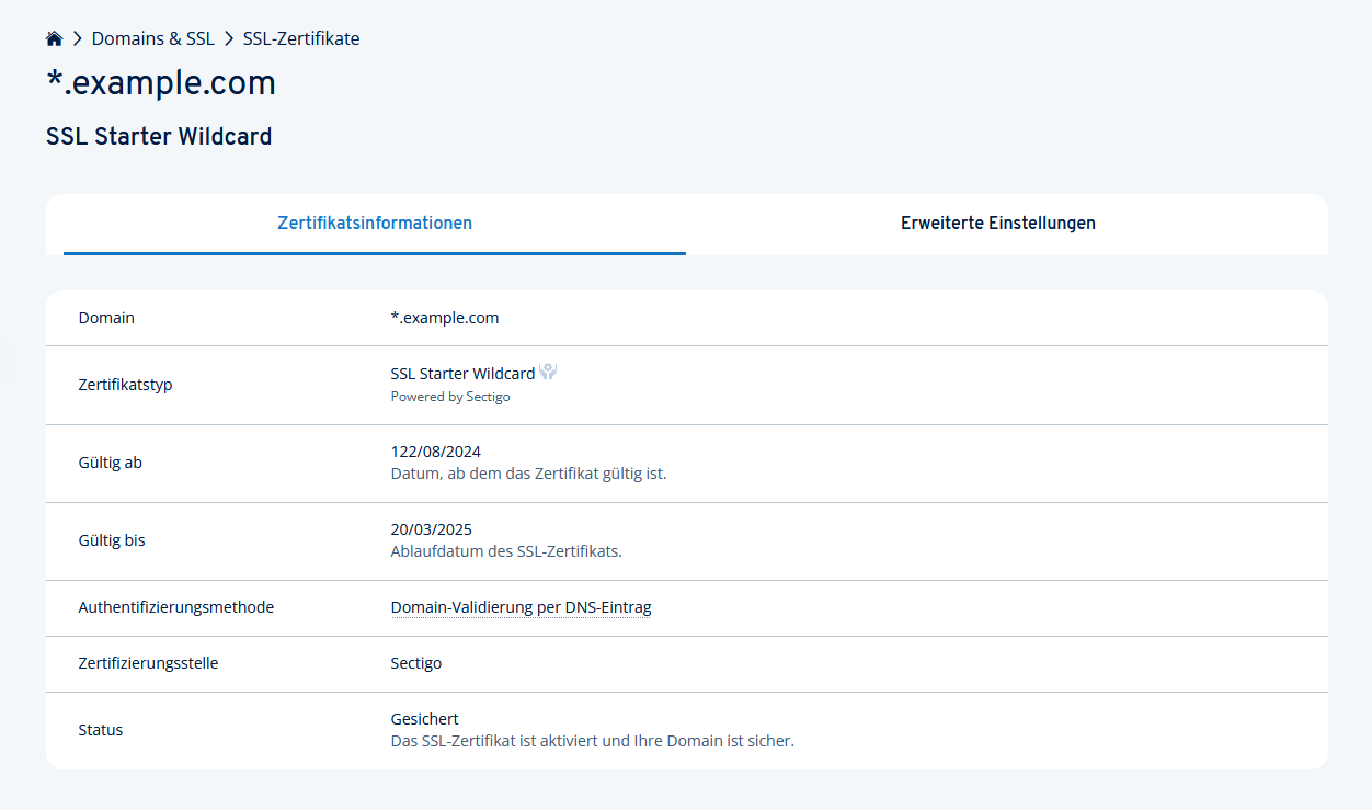 Detailansicht eines aktiven SSL Starter Wildcard-Zertifikats für die Domain example.com im IONOS Konto