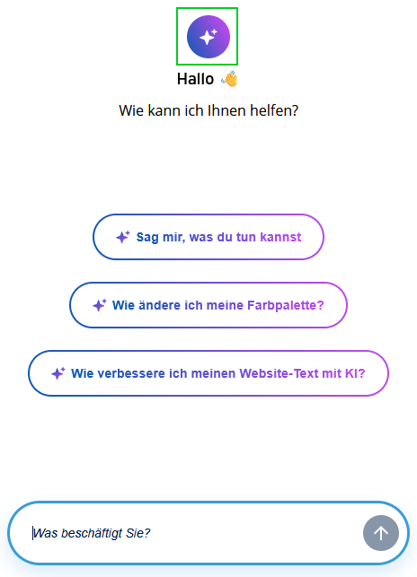 Abbildung: Das Chat-Fenster des MyWebsite Now-Assistent. Das Symbol zum Aufruf des MyWebsite Now-Assistent ist markiert.