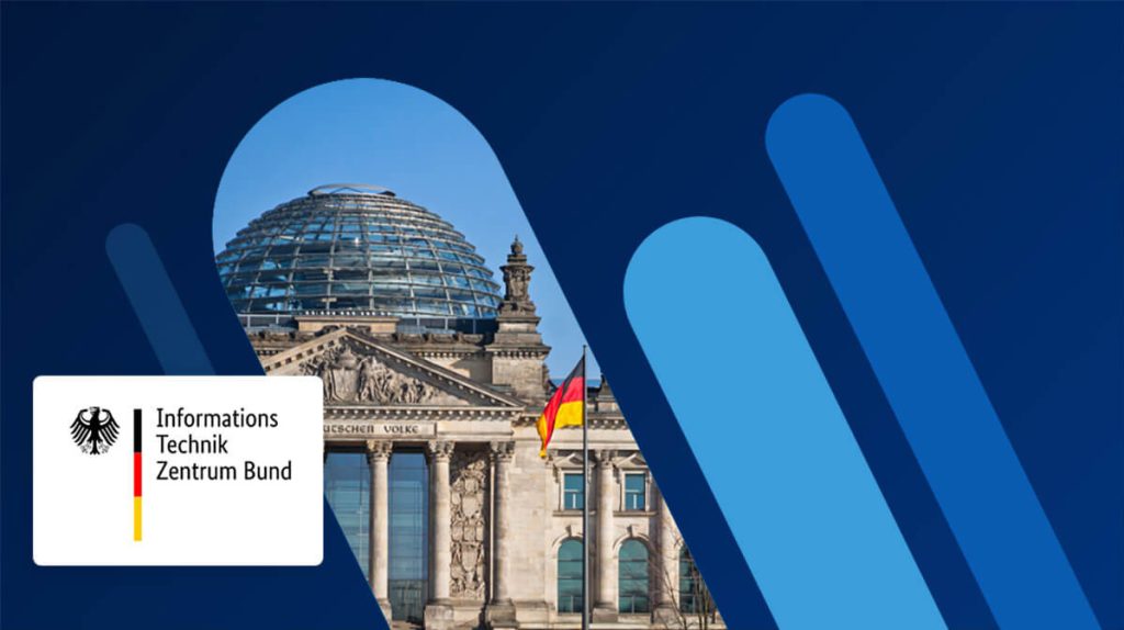 Bild des Reichstags und ITZBund Logo vor einem blauen Hintergrund.