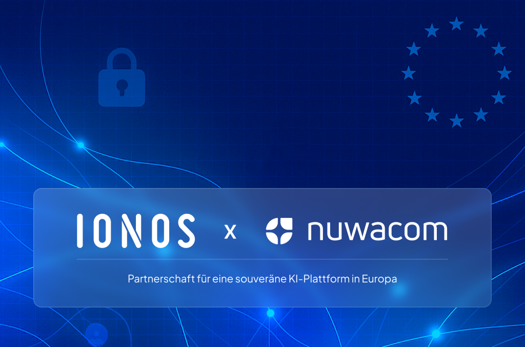 Die Logos von IONOS und nuwacom vor einem blauen Hintergrund.