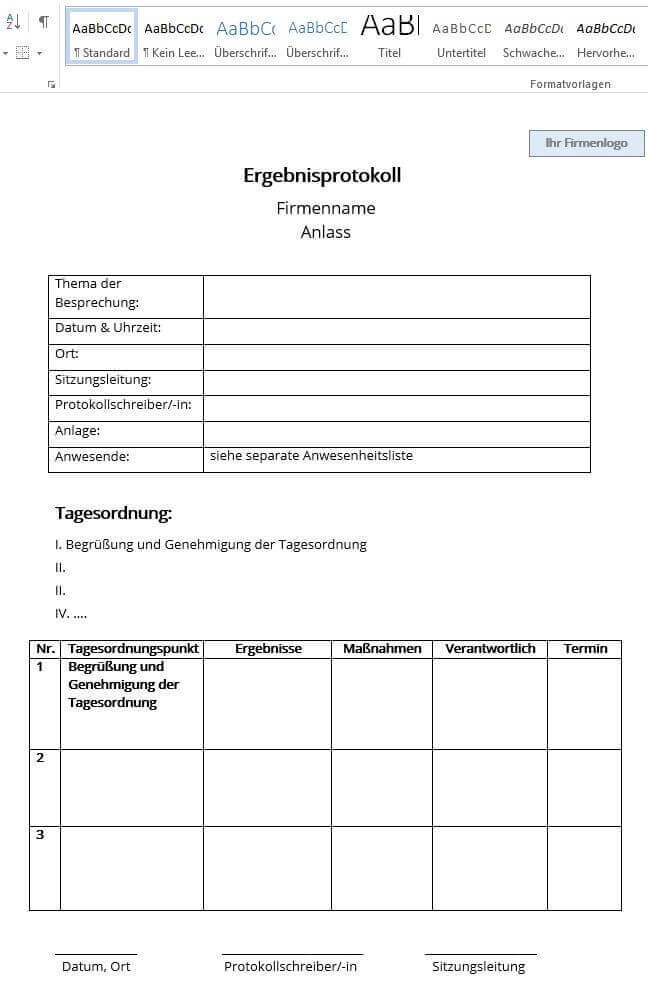 Auf dem Bild ist eine Ergebnisprotokoll-Vorlage abgebildet, die mithilfe von Word-Tabellen erstellt worden ist