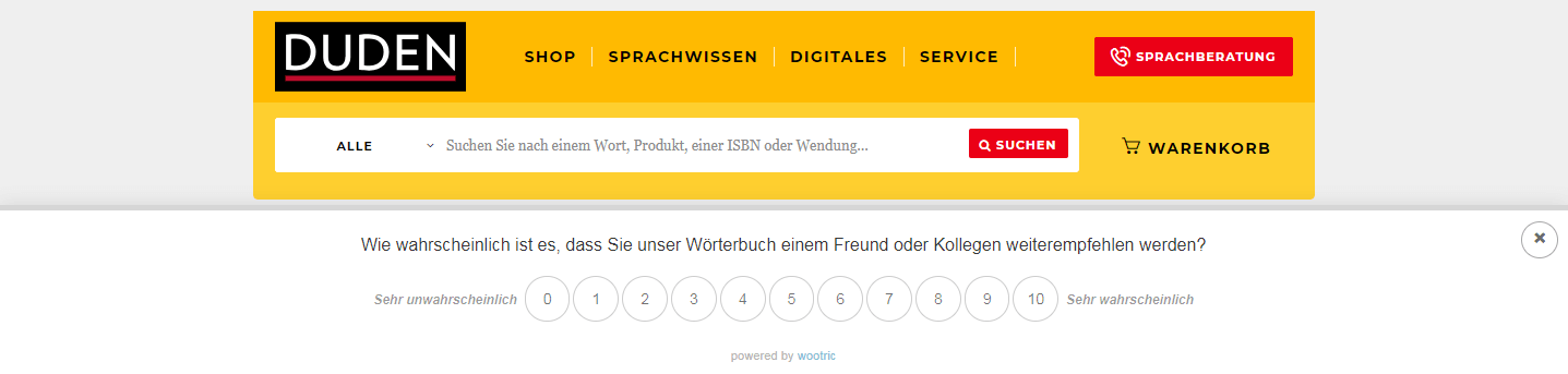 Abfrage der Weiterempfehlungswahrscheinlichkeit auf der Website des Online-Wörterbuchs Duden.de