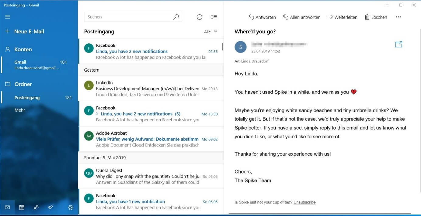Windows Mail mit verknüpftem Gmail-Konto