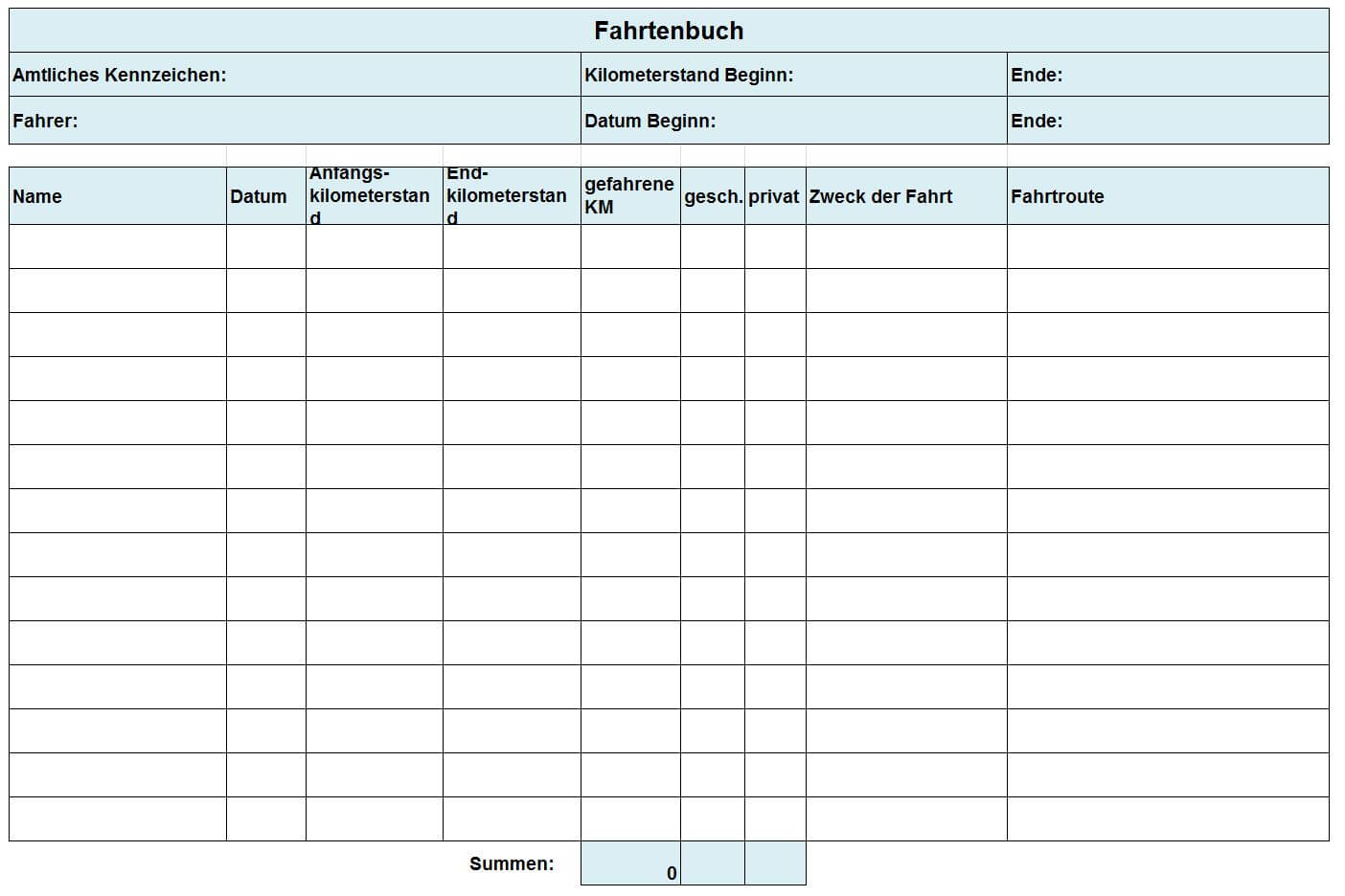 Vereinfachtes Fahrtenbuch 3 Monate Muster