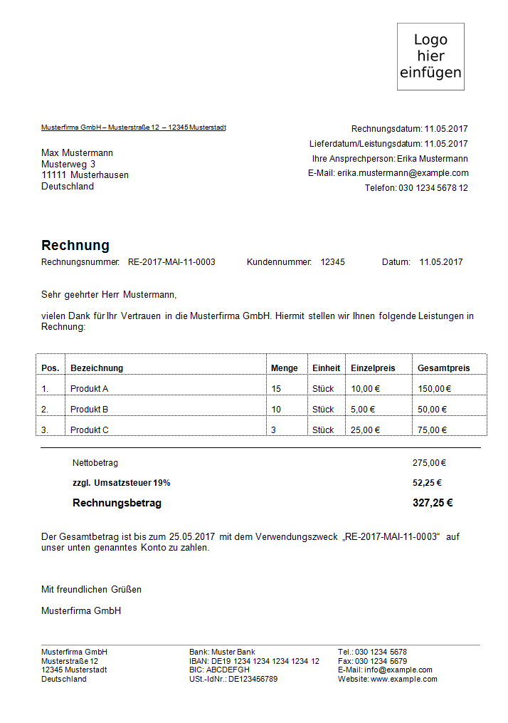 Rechnungsvorlage Kostenlos Word Excel Pdf Musterrechnung Ionos