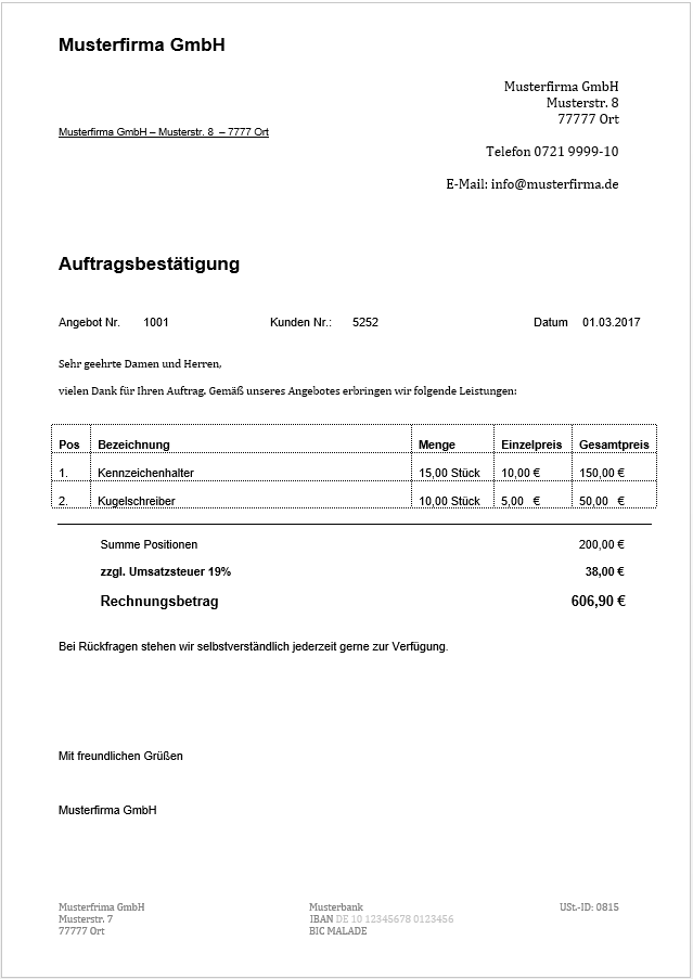 Auftragsbestätigung vorlage pdf