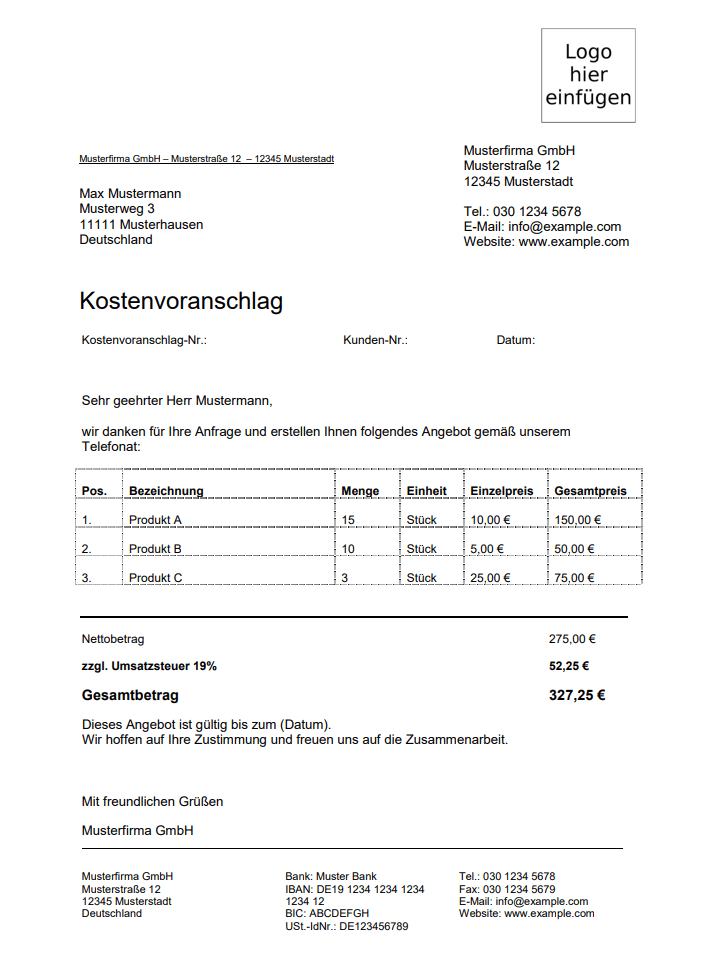 Kostenvoranschlag Muster Vorlagen Fur Word Und Excel Ionos